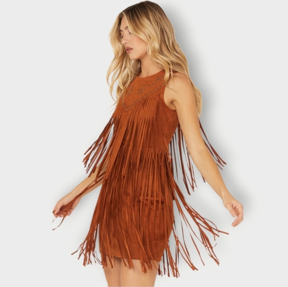 Idyllwind Dresses & Skirts - Idyllwind Garland Hippie Studded Fringe Faux Suede Sleeveless Mini Dress Sz.M